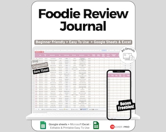 Foodie Review Journal, Favorite Restaurant Tracker, Food & Eating Out Planner, Restaurant Bucket List Google Sheets