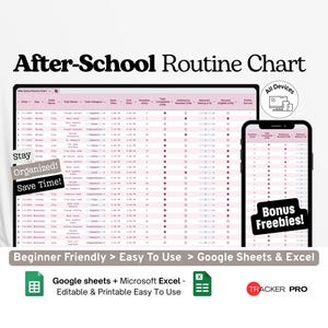 After-School Routine Chart Google Excel, Kids Homework Checklist, Evening Activity Planner, Child Schedule Tracker Google Sheets Sheet