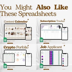 May include: An image showcasing four spreadsheet templates: Content Calendar, Subscription Tracker, Crypto Portfolio, and Job Applicant. Each template is displayed on a tablet and smartphone, with a Google Sheets icon. The text "You Might Also Like These Spreadsheets" is at the top.
