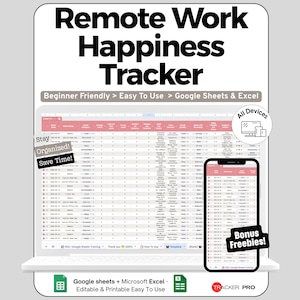May include: A digital spreadsheet template labelled "Remote Work Happiness Tracker" shown on a laptop and smartphone. The template is for Google Sheets and Excel, with the text "Beginner Friendly > Easy To Use". The image includes the text "Stay Organized! Save Time!"