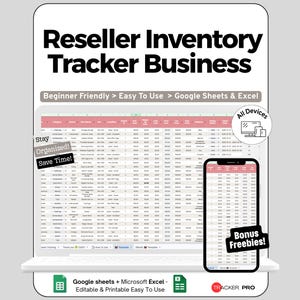 Może przedstawiać: Cyfrowy szablon do śledzenia zapasów dla sprzedawców, kompatybilny z Google Sheets i Excel. Ekran przedstawia arkusz kalkulacyjny z kolumnami dla kategorii, marki i ceny. Tekst zawiera Reseller Inventory Tracker Business, Stay Organized, Save Time, All Devices oraz Bonus Freebies. Widoczne są ikony Google Sheets i Excel.