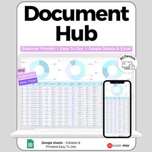 May include: A digital document hub template for Google Sheets and Excel featuring a laptop and smartphone display. The interface shows data tables and donut charts with light blue accents. Text includes Document Hub, Beginner Friendly, All Devices.
