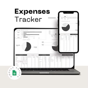 Puede incluir: Un port&aacute;til y un smartphone muestran un rastreador de gastos. La pantalla del port&aacute;til presenta una visi&oacute;n general financiera detallada con gr&aacute;ficos y tablas. El smartphone muestra los mismos datos. El texto "Expenses Tracker" es visible.