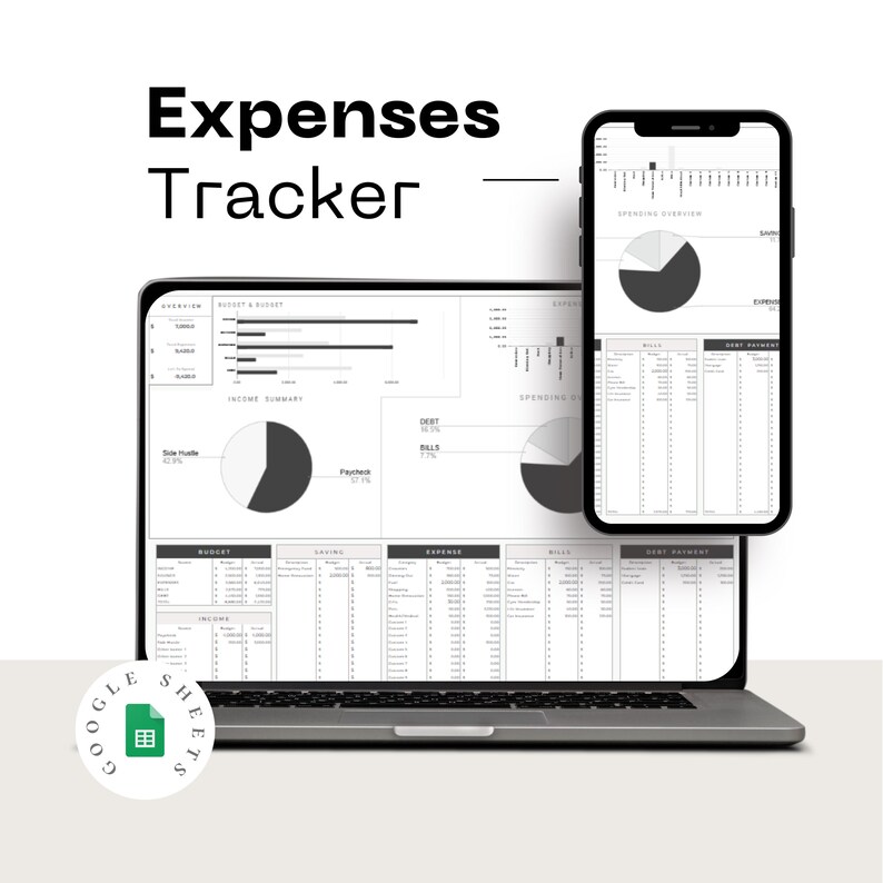 Puede incluir: Un port&aacute;til y un smartphone muestran un rastreador de gastos. La pantalla del port&aacute;til presenta una visi&oacute;n general financiera detallada con gr&aacute;ficos y tablas. El smartphone muestra los mismos datos. El texto "Expenses Tracker" es visible.