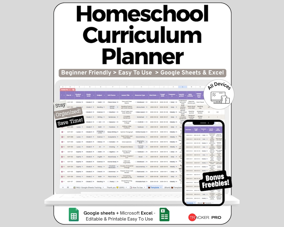 Homeschool Planner Spreadsheet for Google Sheets and Excel Curriculum