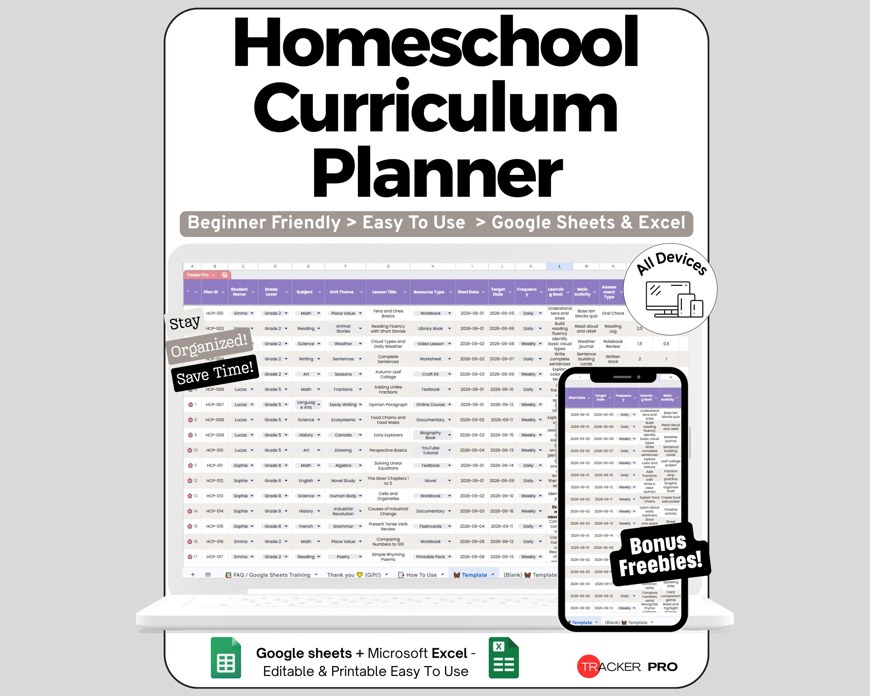 Homeschool Planner Spreadsheet for Google Sheets and Excel Curriculum Tracking and Lesson Dashboard