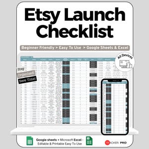 Könnte beinhalten: Eine digitale Etsy-Launch-Checkliste, die auf einem Laptop und Smartphone angezeigt wird. Die Checkliste ist für Google Sheets und Excel konzipiert und ist anfängerfreundlich. Das Bild enthält den Text "Etsy Launch Checklist", "Stay Organized! Save Time!" und "All Devices".