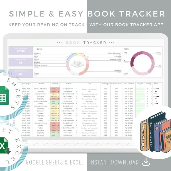 Lese-Tracker, ultimative Buch-Tracker-Vorlage, verfolgen Sie Ihre Lektüre, Leseprotokoll, Buchjournal, Google Sheets und Excel-Tabelle