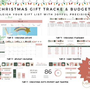 May include: A digital Christmas gift tracker and budget planner with tabs for recipes, itinerary, advent calendar, card tracker, and budget. The text reads "Christmas Gift Tracke & Budget" and "Sleigh your gift list with joyful precision!"