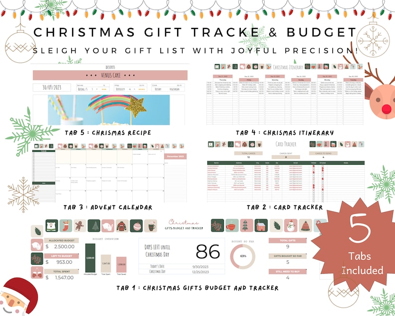 May include: A digital Christmas gift tracker and budget planner with tabs for recipes, itinerary, advent calendar, card tracker, and budget. The text reads "Christmas Gift Tracke & Budget" and "Sleigh your gift list with joyful precision!"