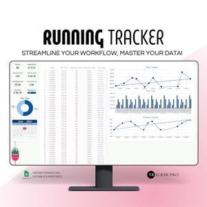 Op de afbeelding: Een computermonitor toont een hardlooptabblad met datavisualisaties voor tempo, looptijd en afstand. De tekst "Running Tracker" en "Streamline your workflow, master your data!" staat op het scherm.