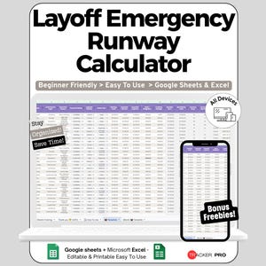 Może przedstawiać: Cyfrowy szablon arkusza kalkulacyjnego Layoff Emergency Runway Calculator dla Google Sheets i Excel. Wyświetlacz pokazuje tabelę śledzenia finansów z fioletowymi nagłówkami, etykietami Stay Organized i Save Time oraz widokiem mobilnym.