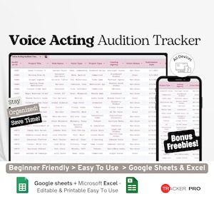 Voice Acting Audition Tracker Google Excel, Casting Call Submission Log, Voiceover Project Tracker, VA Role Planner Google Sheets Sheet