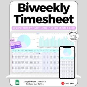 Timesheet Template Google Sheets, Biweekly Employee Time Card with Overtime Calculator, Work Hours & Payroll Log Spreadsheet, Digital File