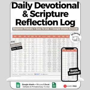 May include: A digital Daily Devotional & Scripture Reflection Log spreadsheet template for Google Sheets and Excel. The display shows a data table on a laptop and smartphone screen with text labels including Beginner Friendly, All Devices, and Bonus Freebies.