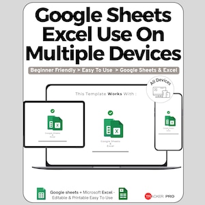 K&ouml;nnte beinhalten: Digitalgrafik mit dem Text "Google Sheets Excel Use On Multiple Devices". Das Bild zeigt einen Laptop, ein Tablet und ein Telefon, die Google Sheets und Excel anzeigen. Der Text enth&auml;lt "Beginner Friendly > Easy To Use > Google Sheets & Excel."