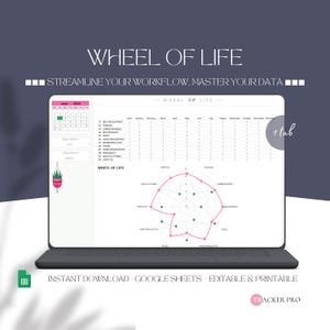 Könnte beinhalten: Ein Laptop-Bildschirm zeigt eine Google Sheet-Vorlage für einen Lebensrad-Tracker. Die Vorlage enthält einen Kalender, eine Liste von Lebensbereichen und ein Raddiagramm, um den Fortschritt zu verfolgen. Der Text "STREAMLINE YOUR WORKFLOW, MASTER YOUR DATA" wird oben auf dem Bildschirm angezeigt. Der Text "INSTANT DOWNLOAD - GOOGLE SHEETS - EDITABLE & PRINTABLE" wird unten auf dem Bildschirm angezeigt.