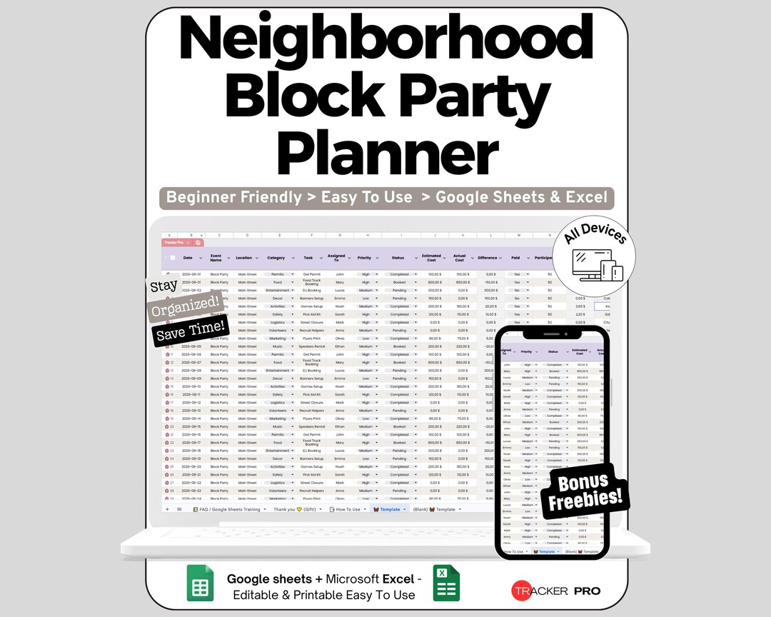 Block Party Spreadsheet for Google Sheets and Excel Guest List and ...
