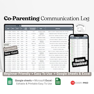 Co-Parenting Communication Log Google Sheets, Shared Custody Notes Tracker, Parenting Plan Tool, Family Scheduler Google Sheets Template