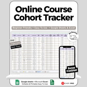 Online Course Spreadsheet for Google Sheets and Excel Cohort Tracking Engagement Monitoring and Revenue Dashboard