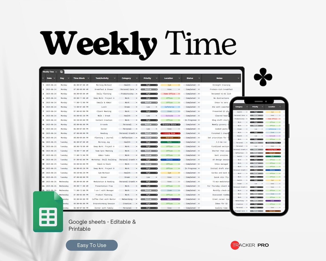 Weekly Time Sheet Google Sheets, Weekly Schedule Template Excel ...