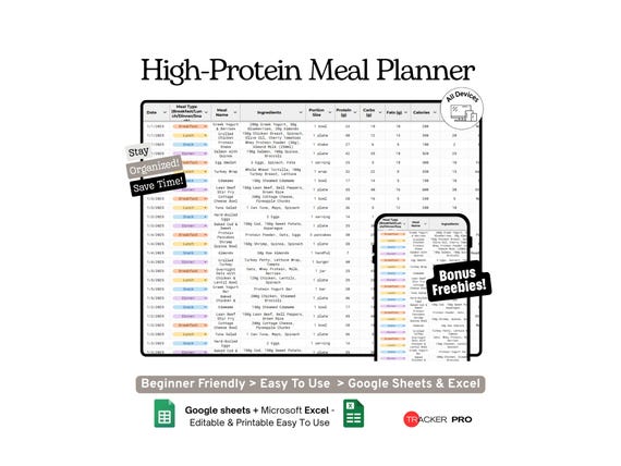 High-Protein Meal Planning Spreadsheet Google Sheets Template  Weekly Meals, Nutrition Log and Protein Macro Tracker  Microsoft Excel