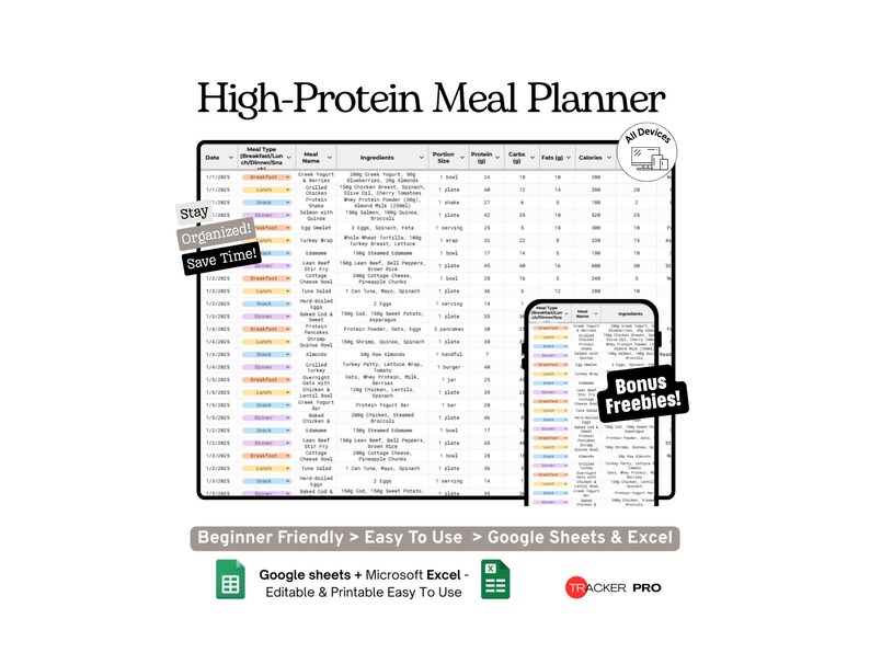 High-Protein Meal Planning Spreadsheet Google Sheets Template Weekly Meals, Nutrition Log and Protein Macro Tracker Microsoft Excel image 1