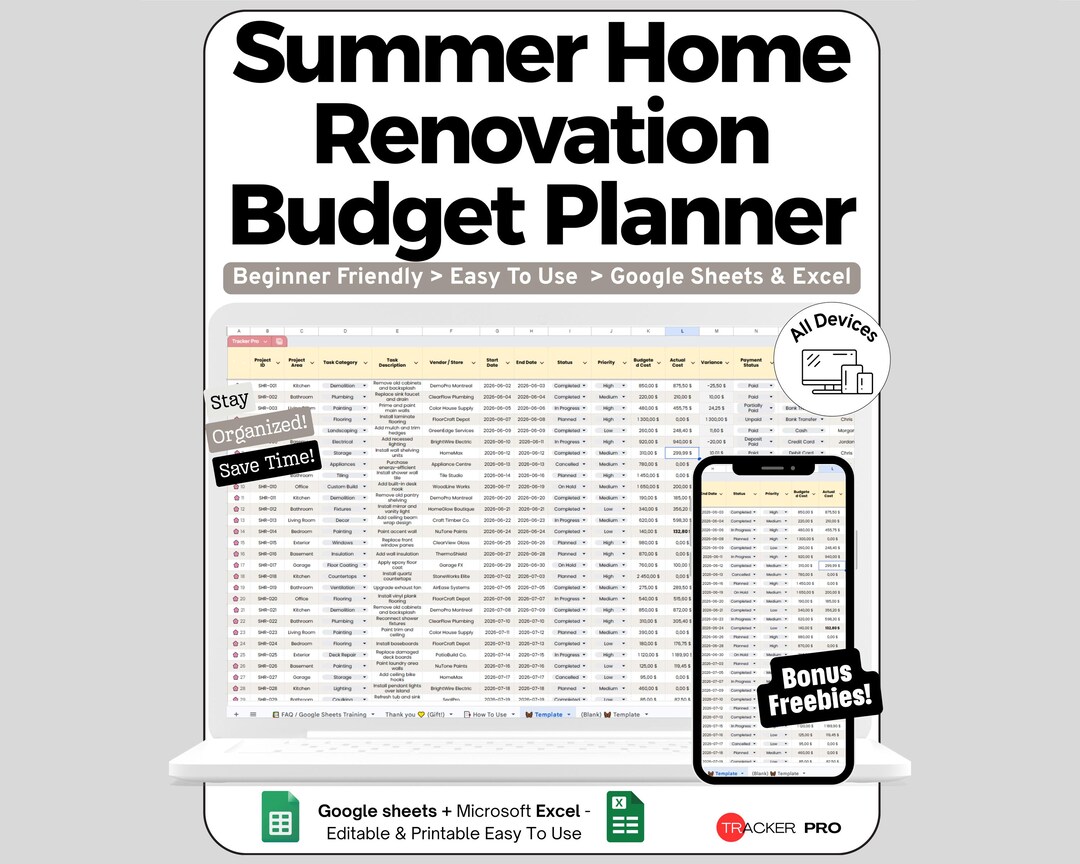 Home Renovation Spreadsheet for Google Sheets and Excel Summer Project ...