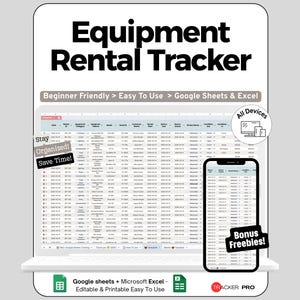 Op de afbeelding: Een digitale Equipment Rental Tracker weergegeven op een laptop en smartphone. De tekst luidt "Equipment Rental Tracker" en "Beginner Friendly > Easy To Use > Google Sheets & Excel." Extra tekst bevat "Stay Organized! Save Time!" en "Bonus Freebies!"