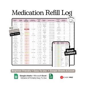 Medication Refill and Pharmacy Tracker Google Sheets Template, Prescriptions, Dosages and Pharmacy Log Spreadsheet for Patients, Excel