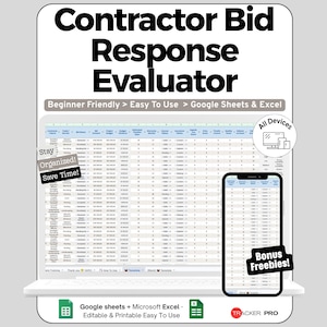 Peut inclure: Un modèle de feuille de calcul numérique Contractor Bid Response Evaluator pour Google Sheets et Excel. L'affichage présente un tableau de données avec des colonnes pour les noms des entrepreneurs, les services et les montants des offres.
