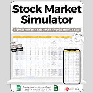 Op de afbeelding: Een digitale beurssimulator weergegeven op een laptop en smartphone. De tekst "Stock Market Simulator" staat bovenaan. De afbeelding bevat de zinnen "Beginner Friendly", "Easy To Use" en "Google Sheets & Excel."