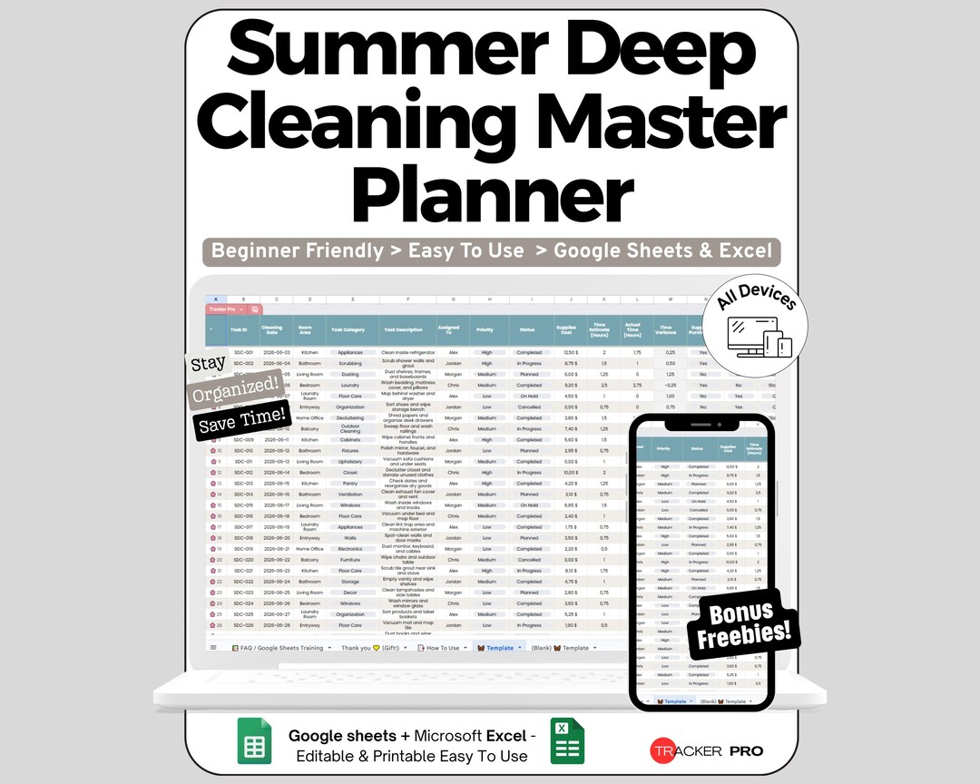 Deep Cleaning Spreadsheet for Google Sheets and Excel Summer Home ...
