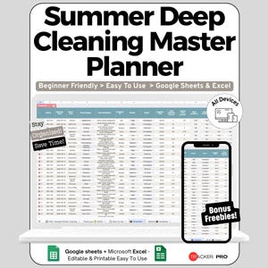 Deep Cleaning Spreadsheet for Google Sheets and Excel Summer Home Organization and Task Dashboard