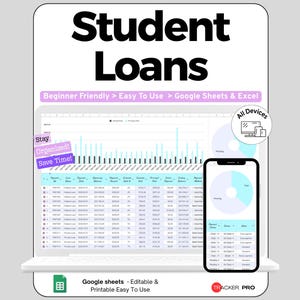 Peut inclure: Un modèle numérique de suivi des prêts étudiants pour Google Sheets et Excel affiché sur un écran d'ordinateur portable et de smartphone. L'interface présente des tableaux, des graphiques et du texte incluant Student Loans, Stay Organized, Save Time.