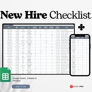 Puede incluir: Una lista de verificación digital para nuevos empleados que se muestra en una tableta y un teléfono inteligente. La tableta muestra una hoja de cálculo detallada con columnas para el nombre, la fecha de inicio, el departamento y las tareas. El teléfono inteligente refleja la lista de verificación.