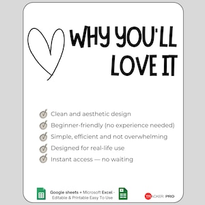 Pode incluir: Um cart&atilde;o de informa&ccedil;&atilde;o digital retangular branco com um &iacute;cone de cora&ccedil;&atilde;o preto e o texto WHY YOU'LL LOVE IT. Lista cinco pontos com marcas de verifica&ccedil;&atilde;o sobre design e usabilidade, al&eacute;m de &iacute;cones do Google Sheets e Excel na base.