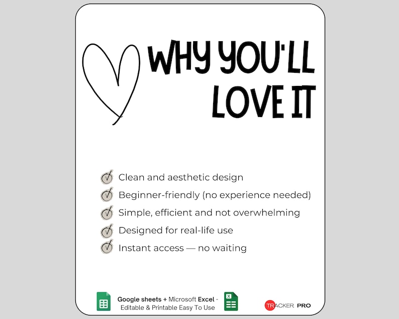 Pode incluir: Um cart&atilde;o de informa&ccedil;&atilde;o digital retangular branco com um &iacute;cone de cora&ccedil;&atilde;o preto e o texto WHY YOU'LL LOVE IT. Lista cinco pontos com marcas de verifica&ccedil;&atilde;o sobre design e usabilidade, al&eacute;m de &iacute;cones do Google Sheets e Excel na base.
