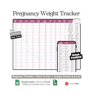 Google Sheets-sjabloon voor het bijhouden van gewichtstoename en voeding tijdens de zwangerschap, inclusief een voedingsschema, gewichtsgrafiek en een voedingslogboek per trimester in Excel.