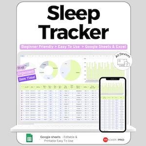 Peut inclure: Un modèle de suivi du sommeil numérique pour Google Sheets et Excel affiché sur un écran d'ordinateur portable et de smartphone. L'interface présente des graphiques et des tableaux de données avec des colonnes pour la date et la qualité du sommeil.