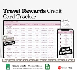Strumento di monitoraggio delle carte di credito con premi di viaggio su Google Excel, organizzatore di punti e miglia, registro dei vantaggi delle carte di credito, pianificatore di trucchi di viaggio su Google Fogli