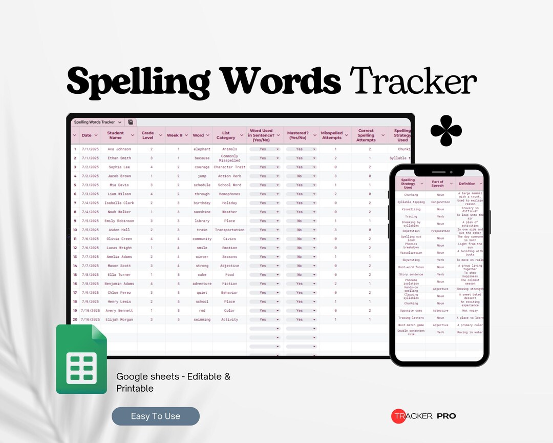 Spelling Words Tracker Google Sheets, Weekly Vocabulary List, Student ...