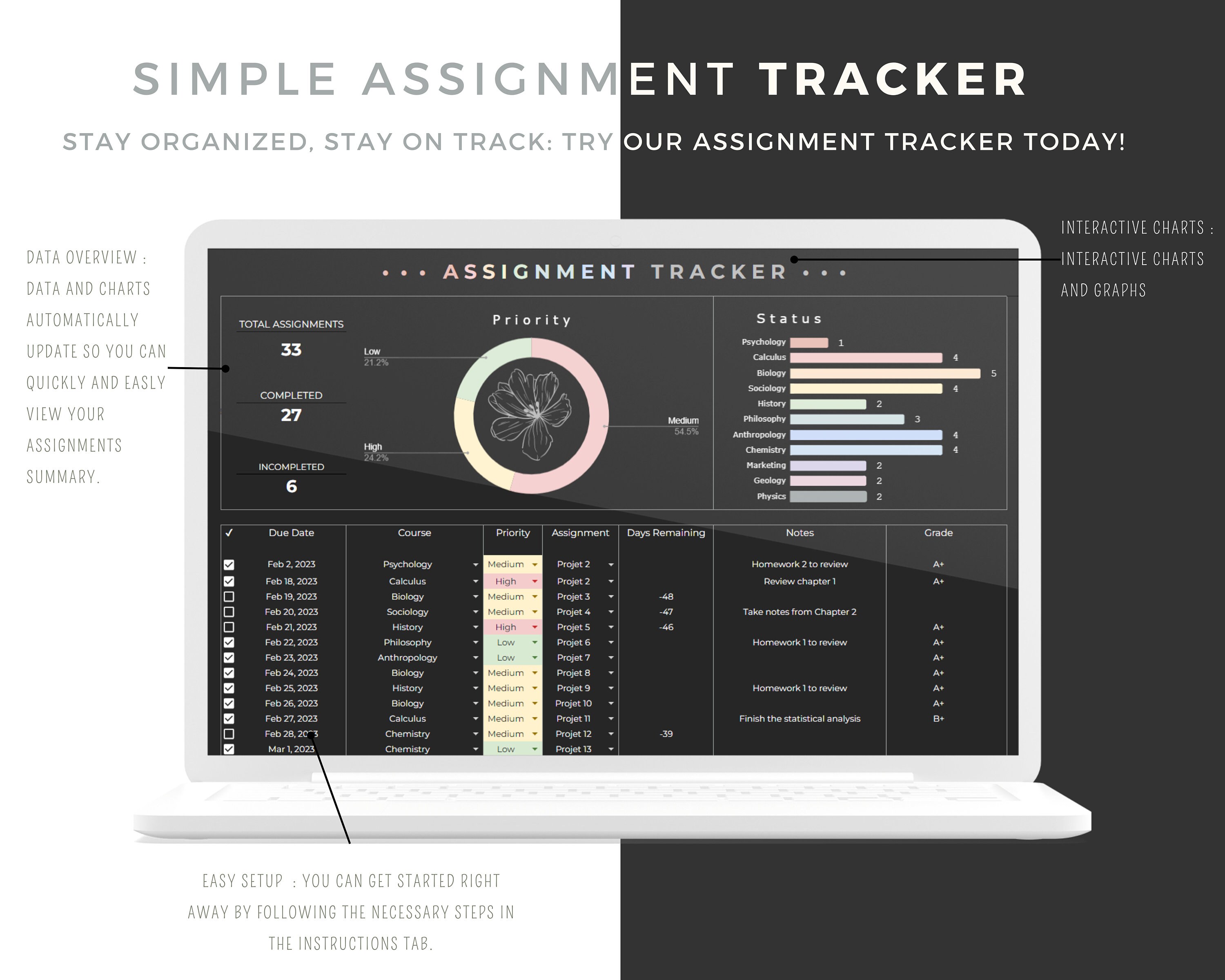 School Planner Spreadsheet Assignment Tracker Google Sheets - Etsy