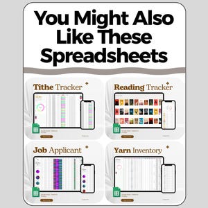 K&ouml;nnte beinhalten: Digitalgrafik mit dem Text "You Might Also Like These Spreadsheets". Darunter vier Tabellenkalkulationsbeispiele: Tithe Tracker, Reading Tracker, Job Applicant und Yarn Inventory. Jedes Beispiel enth&auml;lt ein Tablet und ein Smartphone.