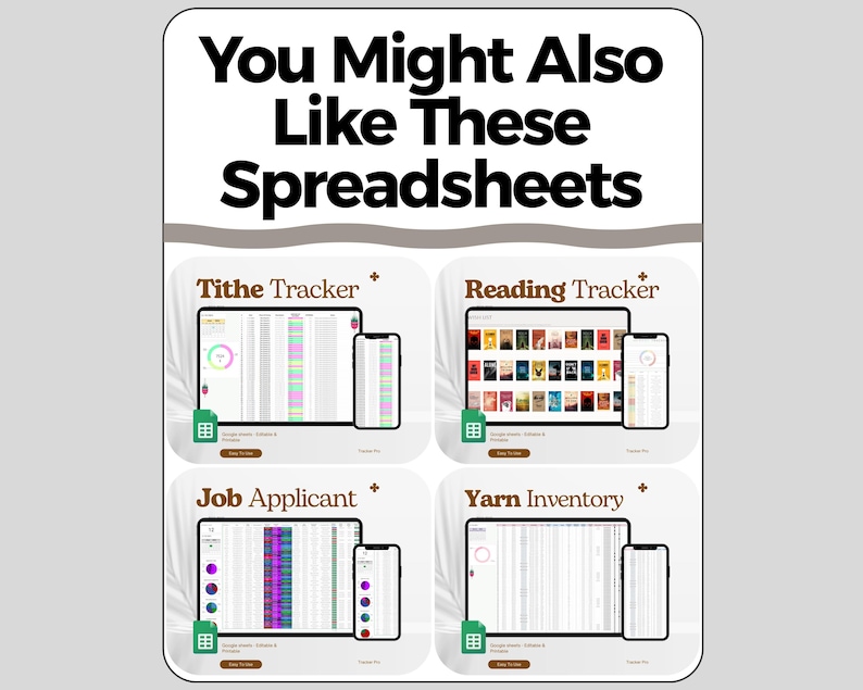 K&ouml;nnte beinhalten: Digitalgrafik mit dem Text "You Might Also Like These Spreadsheets". Darunter vier Tabellenkalkulationsbeispiele: Tithe Tracker, Reading Tracker, Job Applicant und Yarn Inventory. Jedes Beispiel enth&auml;lt ein Tablet und ein Smartphone.