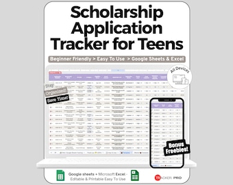 Scholarship Tracker Spreadsheet Google Sheets Template, Scholarship Application Deadline & Essay Requirement Log, College Funding Planner