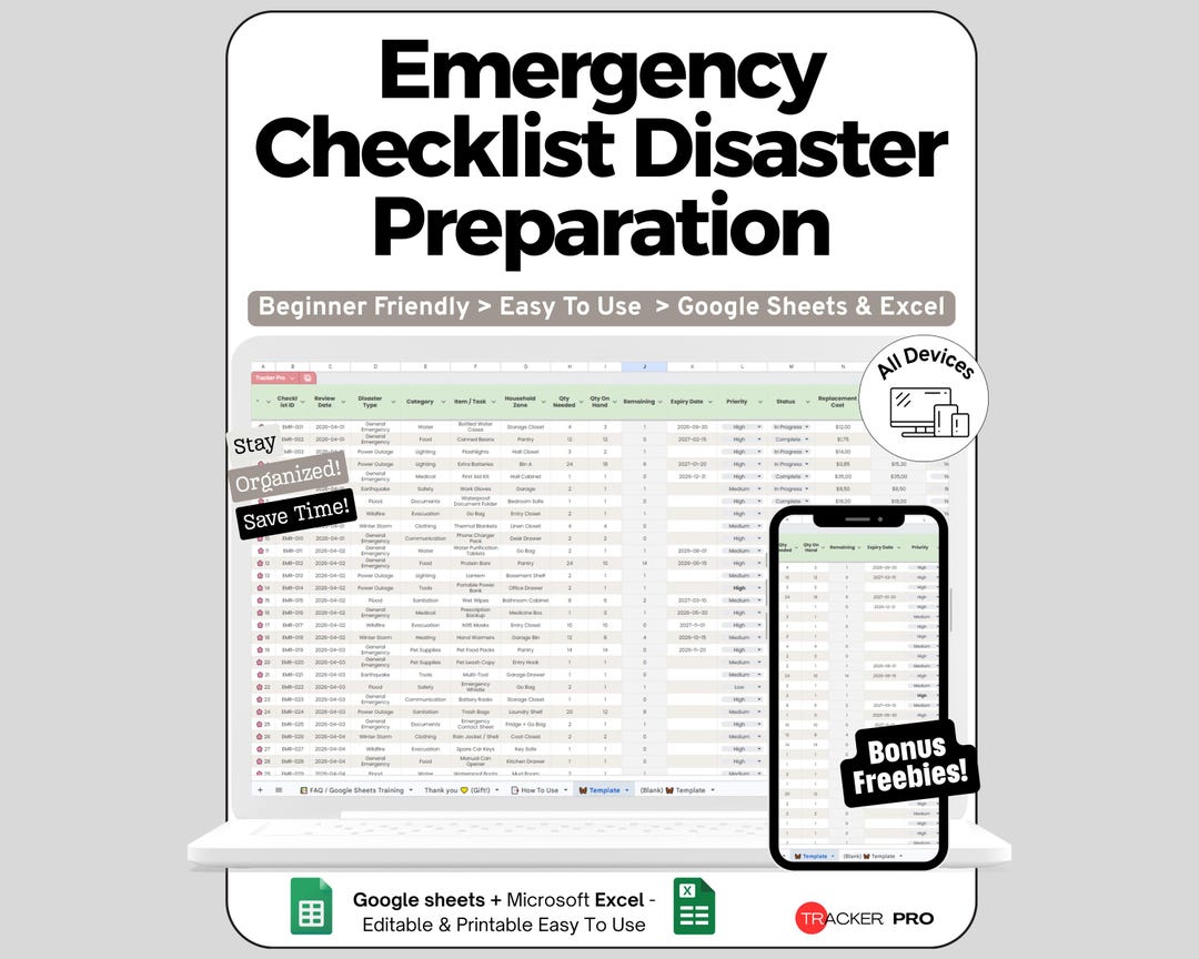Emergency Checklist Disaster Preparedness Excel Spreadsheet, First Aid ...