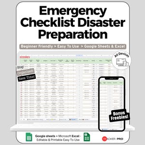 Puede incluir: Una lista de verificación digital de emergencia para la preparación ante desastres, mostrada en una computadora portátil y un teléfono inteligente. El texto dice "Emergency Checklist Disaster Preparation" y "Beginner Friendly > Easy To Use > Google Sheets & Excel".