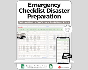 Emergency Checklist Disaster Preparedness Excel Spreadsheet, First Aid Kit Checklist Google Sheet, First Aid Checklist, First Aid Supply List