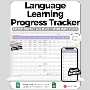 May include: A digital language learning progress tracker displayed on a laptop and smartphone. The text reads "Language Learning Progress Tracker" and includes the phrases "Beginner Friendly," "Easy to Use," and "Google Sheets & Excel."